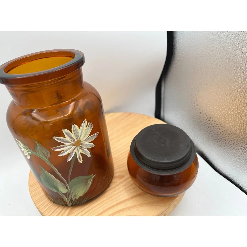 Vtg Belgian Amber Glass Jar Bubble Lid Hand Painted Daisy Storage Mid Century